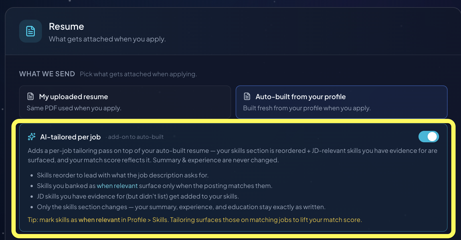 The resume "what we send" options with the AI-tailored per-job add-on toggle